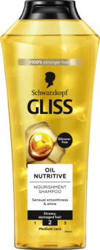 Złoty szampon Gliss Oil Nutritive Schwarzkopf do włosów zniszczonych, butelka z przodu, z olejem Marula.