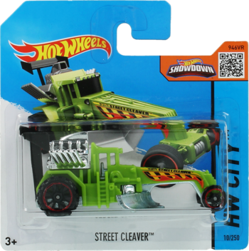 Hot Wheels Street Cleaver, limonkowy pojazd, futurystyczny buldożer z metalicznym silnikiem w blistrze.