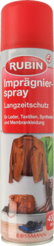 Rubin Impr&auml;gnierspray 400 ml, czerwono-srebrna puszka, widok z przodu, z wizualizacjami sk&oacute;ry i tekstyli&oacute;w.