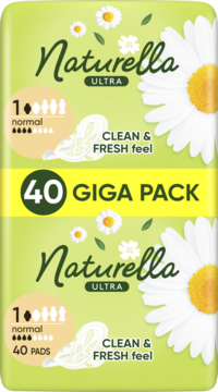 Zielono-żółta paczka podpasek Naturella Ultra Normal, 40 sztuk Giga Pack, z hasłem "CLEAN & FRESH feel".