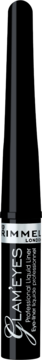 Płynny eyeliner Rimmel Glam'eyes Professional w czarnej butelce ze srebrnym paskiem i logo, widok z przodu.
