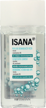 Isana Płyn do Demakijażu Oczu z micelami i B5, przezroczysta butelka z niebieskimi bąbelkami.