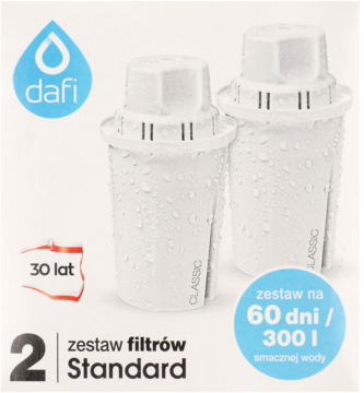 Zestaw 2 białych filtrów wody Dafi Standard Classic z kroplami, na opakowaniu 60 dni / 300L.