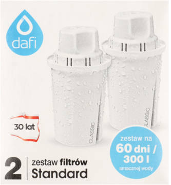 Zestaw 2 białych filtrów wody Dafi Standard Classic z kroplami, na opakowaniu 60 dni / 300L.