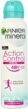 Biały antyperspirant Garnier Mineral Action Control Stress 48h, spray z niebieską nakrętką, widok z przodu.