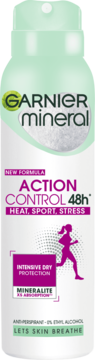 Biały antyperspirant Garnier Mineral Action Control 48h, zielony top, sylwetka biegacza, ochrona przed stresem.