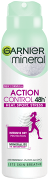 Biały Garnier Mineral Action Control 48h antyperspirant w sprayu z zieloną nakrętką i biegnącą kobietą.