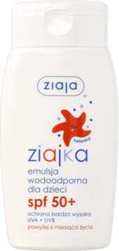 Ziajka emulsja wodoodporna SPF 50+ dla dzieci, biała butelka z czerwoną rozgwiazdą, widok z przodu.