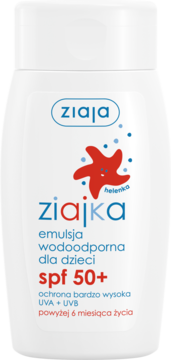 Biała butelka Ziaja Ziajka emulsja wodoodporna dla dzieci SPF 50+, z czerwoną rozgwiazdą, widok z przodu.