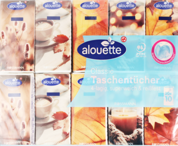 Alouette Classic chusteczki 4-warstwowe, z jesiennym wzorem. Odporne na pranie, 30x10 sztuk, widok opakowań.