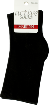 Czarne, złożone skarpety Marilyn Active Socks z białą metką z napisem i rozmiarem 36-40, widok z przodu.