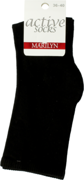 Czarne, złożone skarpety Marilyn Active Socks z białą metką z napisem i rozmiarem 36-40, widok z przodu.