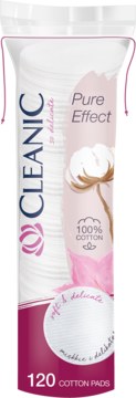 Płatki kosmetyczne Cleanic Pure Effect, 120 sztuk, 100% bawełny, biało-różowe opakowanie, widok z przodu.