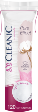 Płatki kosmetyczne Cleanic Pure Effect, 120 sztuk, 100% bawełny, biało-różowe opakowanie, widok z przodu.