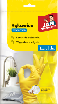 Żółte rękawice domowe Jan Niezbędny, rozmiar L, wyściełane bawełną, widok z bliska w kuchni.