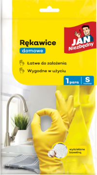Para żółtych rękawic domowych Jan Niezbędny, rozmiar S, wyściółka bawełniana, na tle kuchni.