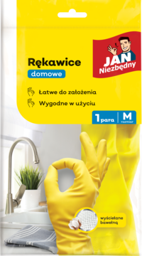 Jan Niezbędny, żółte rękawice domowe rozm. M z bawełnianą wyściółką, noszone na dłoni w kuchni.
