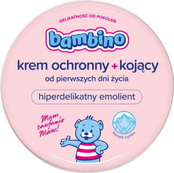 Okrągły, różowy krem Bambino ochronny + kojący, z misiem i napisem hiperdelikatny emolient. Widok z góry.