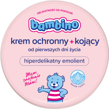 Okrągły, różowy krem Bambino ochronny + kojący, z misiem i napisem hiperdelikatny emolient. Widok z góry.
