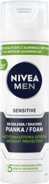 NIVEA MEN Sensitive pianka do golenia w białej puszce, widok z przodu. Dla skóry wrażliwej, z 25% aluminium z recyklingu.