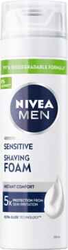 Biała butelka NIVEA MEN Sensitive pianki do golenia z niebieskim logo, 0% alkoholu, 99% biodegrad.