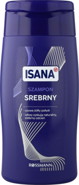 ISANA srebrny szampon do włosów w fioletowej butelce, usuwa żółty połysk, nadaje naturalny srebrny odcień.