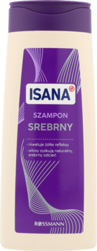 ISANA srebrny szampon w beżowej butelce z fioletową etykietą, widok z przodu. Niweluje żółte refleksy, nadaje srebrny odcień.