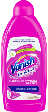 Różowa butelka Vanish Oxi Action, szamponu do dywanów i tapicerek, widok z przodu, z napisem 'CZYSZCZENIE RĘCZNE'.