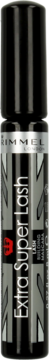 Tusz Rimmel Extra Super Lash w czarnej tubie, pionowy napis i srebrno-szary wzór Union Jack, widok z przodu.