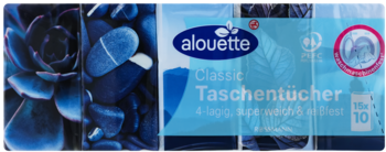 Chusteczki higieniczne Alouette, 4-warstwowe, w niebieskim opakowaniu z wzorem roślinnym, widok z przodu.
