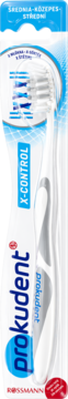 Biała szczoteczka Prokudent X-Control, średnia twardość. Widok z przodu produktu w przezroczystym opakowaniu.