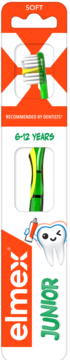 Szczoteczka Elmex Junior 6-12 lat soft, w pomarańczowo-białym opakowaniu, z widocznym zielonym włosiem.