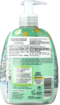 Tył butelki kremowego mydła Isana Christmas Feelings 500ml z etykietą składników i detalami świątecznymi.