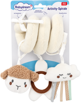 Babydream Activity-Spirale: kremowy, welurowy spiralny gryzak z pluszową owieczką, chmurką i drewnianym kółkiem, w opakowaniu.