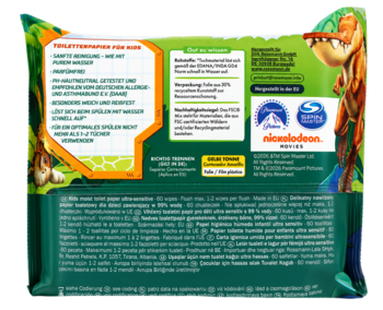Tył zielonego opakowania przekąski Nickelodeon bez glutenu, z listą składników i postacią zielonego stwora.