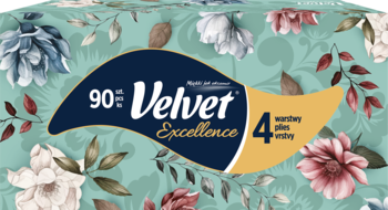 Pudełko 90 czterowarstwowych chusteczek Velvet Excellence w kolorze turkusowym z kwiatowym wzorem, ujęcie z góry.