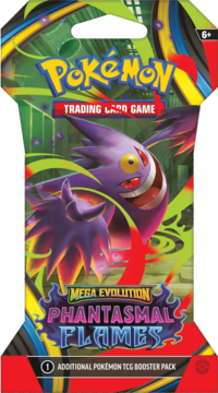 Opakowanie booster Pokémon TCG Phantasmal Flames z fioletowym Gengarem na zielono-czerwonym, dynamicznym tle.