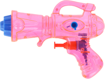 Różowy, przezroczysty pistolet na wodę z niebieską końcówką i pomarańczowym mechanizmem, widok z przodu.