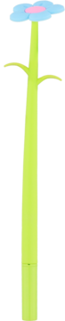 Długi, zielony długopis w kształcie łodygi kwiatu z jasnoniebieskim kwiatem i różowym środkiem na górze.