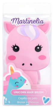 Martinelia pink unicorn hair brush with purple mane, packaged in clear plastic, showing product details.
