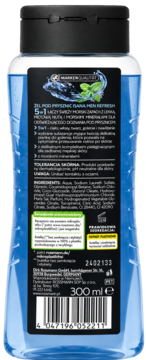Tył niebieskiego żelu pod prysznic Isana Men Refresh 5w1, czarna etykieta ze składem, objętością 300ml i informacjami o recyklingu.