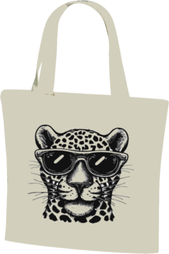 Naturalna torba bawełniana z nadrukiem, głowa lamparta w czarnych okularach przeciwsłonecznych, widok z przodu.