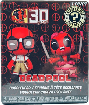 Front of Funko Mystery Minis Deadpool blind box, black/red, nerdy Deadpool with glasses, one bursting from a cake with swords.