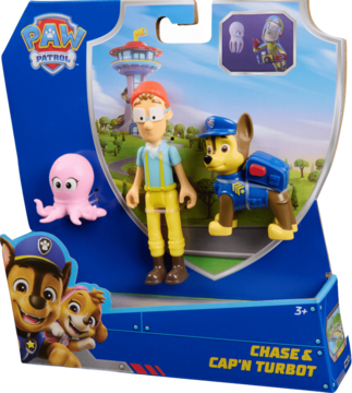 Paw Patrol zestaw figurek: Chase, Cap'n Turbot i różowa ośmiornica w blistrze, widok z przodu.