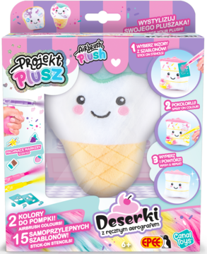 Zestaw Projekt Plusz Deserki: kolorowe pudełko z pluszakiem loda, aerografem i szablonami do stylizacji.