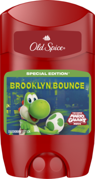 Czerwony dezodorant Old Spice Brooklyn Bounce, etykieta Super Mario Galaxy z Yoshi i jajkiem, widok z przodu.