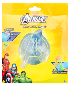 Żółte opakowanie z elastycznym brelokiem Marvel Avengers. Widoczne logo A, bohaterowie i napisy o super rozciągliwości.