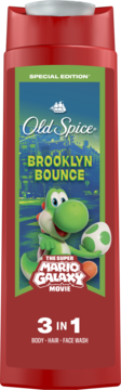 Czerwony Old Spice Brooklyn Bounce 3w1, z etykietą Super Mario Galaxy Movie przedstawiającą Yoshi z jajkiem.