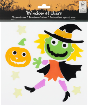 Zestaw Halloweenowych naklejek na okno: wesoła zielona czarownica, dynia i gwiazdki, w folii na białym tle.