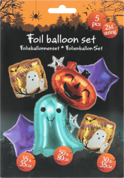 Halloweenowy zestaw 5 foliowych balonów: duchy, dynia i fioletowe gwiazdy. Widok z przodu opakowania.